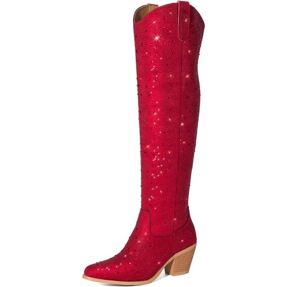 Women's Red Rhinestone Sparkly Over Knee Pointed Toe Chunky High Heel Boots - Picture 1 of 7